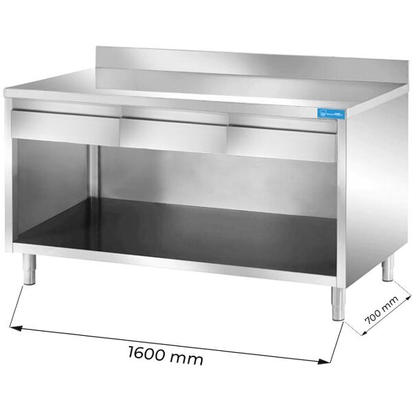 tavolo a giorno in acciaio inox con 3 cassetti orizzontali con alzatina l1600xp700xh850 mm linea basic