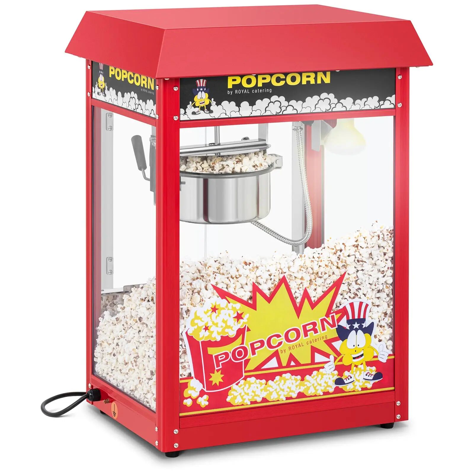 royal catering macchina per popcorn piccola - acciaio inossidabile rosso con vetro temperato e bollitore rivestito in teflon rcpr-16e