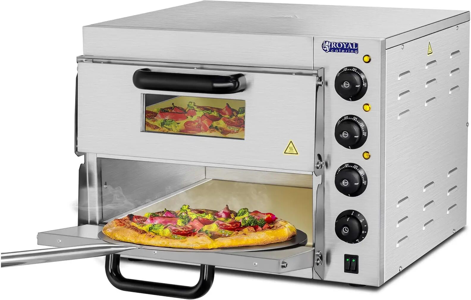 Royal Catering Forno per pizza in acciaio inox con piastra di riscaldamento in argilla refrattaria - Temperatura massima 350°C RCPO-3000-2PS-1