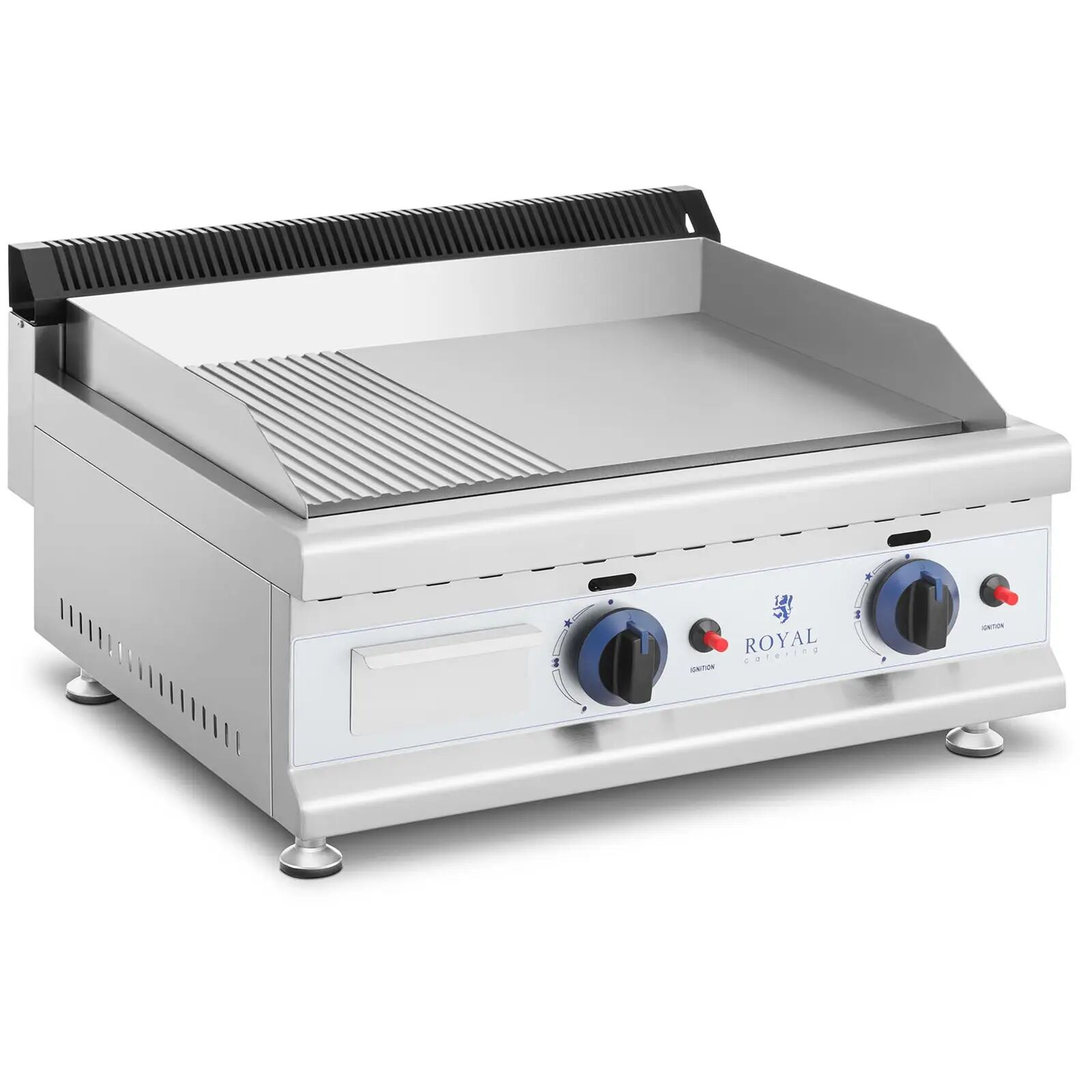 Royal Catering Griglia fry top a gas - Piastra in acciaio rigata e liscia - 60 x 40 cm - 2 x 3.100 W - Gas naturale - 20 mbar RC-GGHR600