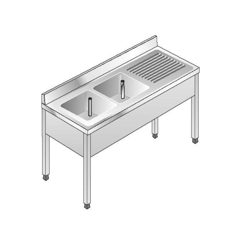 ACA Sistemi Lavello Acciaio Inox AISI 304 2 Vasche DX Sgocciolatoio SX Dim. 140x60x85 cm con Alzatina