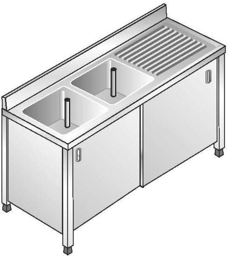 ACA Sistemi Lavello Inox Armadiato AISI 304 2 Vasche DX Sgocciolatoio SX Dim. 160x60x85 cm con Alzatina