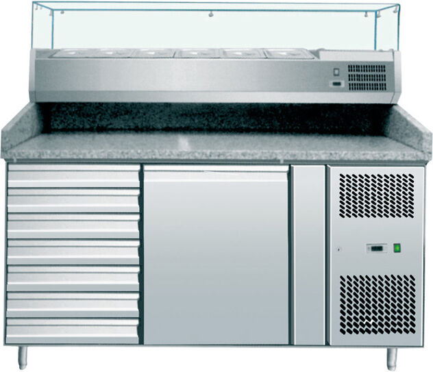 Amitek Banco Pizza Refrigerato Ventilato 1 Porta - 7 Cassetti - Vetrina 7 Bacinelle GN1