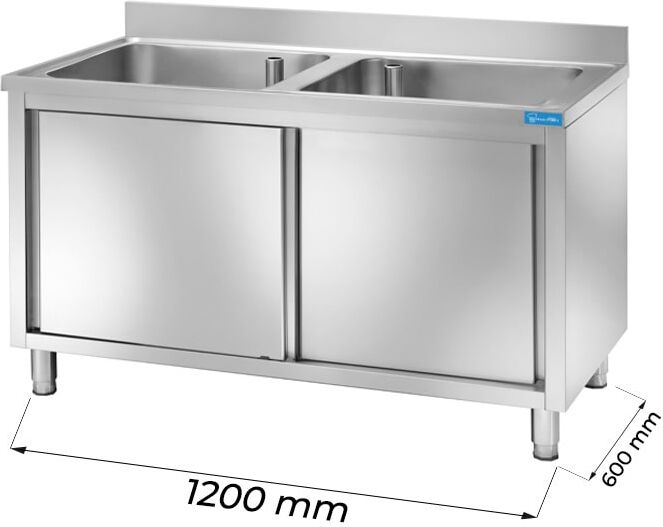 Lavello armadiato in acciaio inox con 2 vasche L1200xP600xH850 mm linea premium