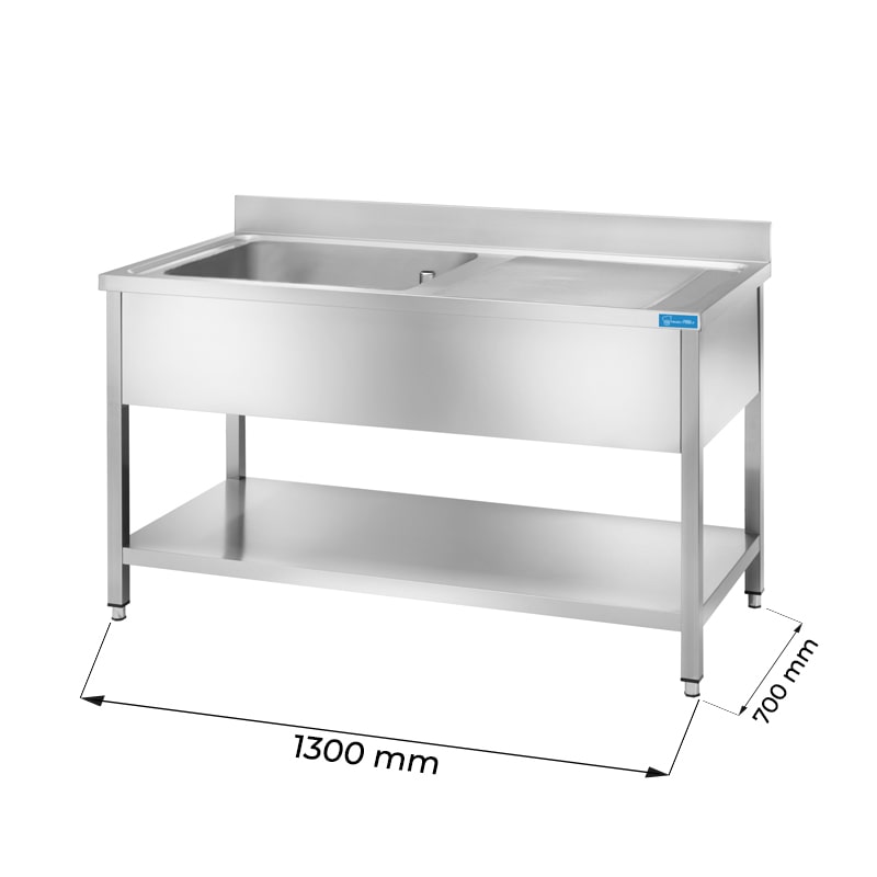 Lavello aperto in acciaio inox con 1 vasca e gocciolatoio a destra L1300xP700xH850 mm linea premium