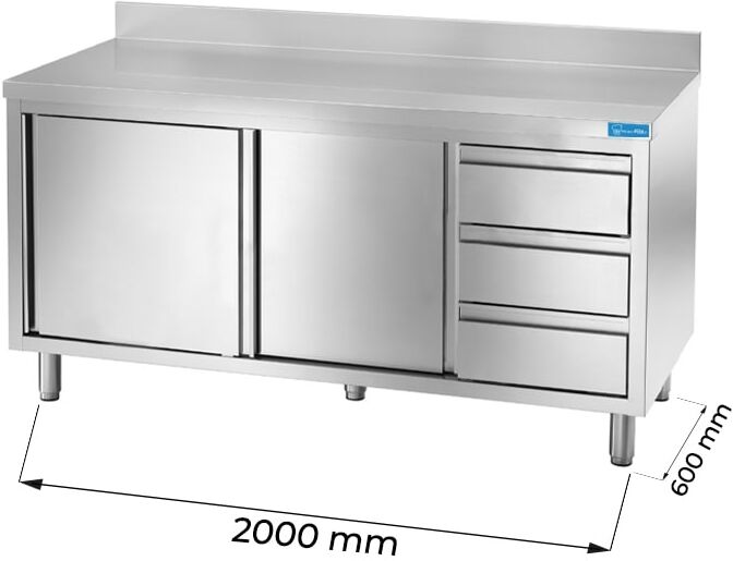 Tavolo armadiato in acciaio inox con 3 cassetti verticali a destra con alzatina L2000xP600xH850 mm linea premium