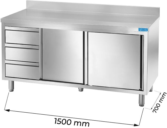 Tavolo armadiato in acciaio inox con 3 cassetti verticali a sinistra con alzatina L1500xP700xH850 mm linea premium