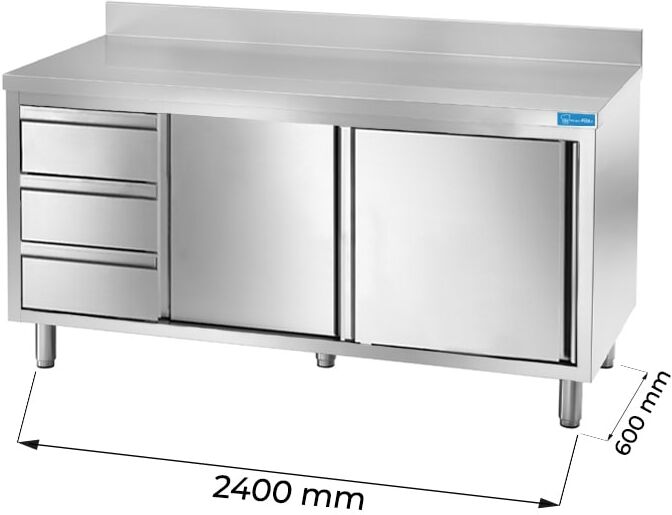 Tavolo armadiato in acciaio inox con 3 cassetti verticali a sinistra con alzatina L2400xP600xH850 mm linea premium