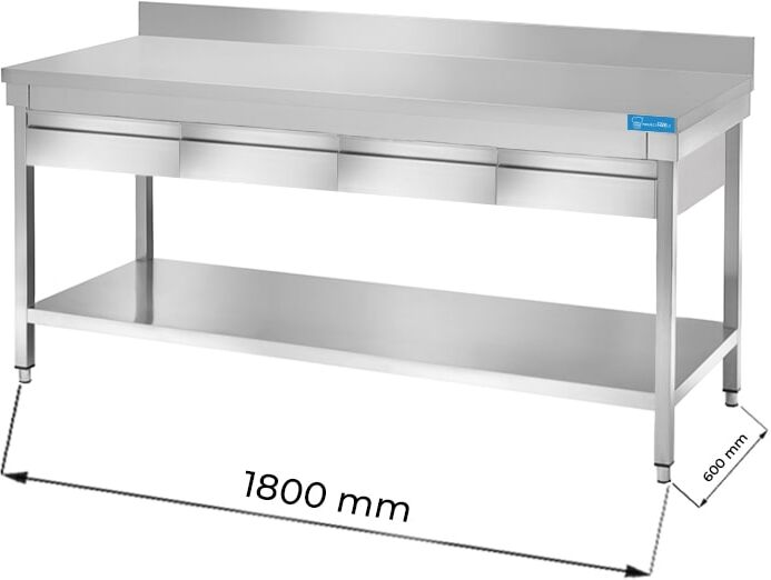 Tavolo aperto in acciaio inox con 2 cassetti orizzontali con ripiano con alzatina L1800xP600xH850 mm linea premium