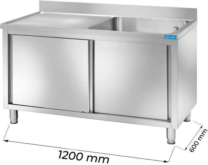 Lavello armadiato in acciaio inox con 1 vasca e gocciolatoio a sinistra L1200xP600xH850 mm linea basic