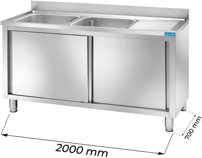 Lavello armadiato in acciaio inox con 2 vasche e gocciolatoio a destra L2000xP700xH850 mm linea basic