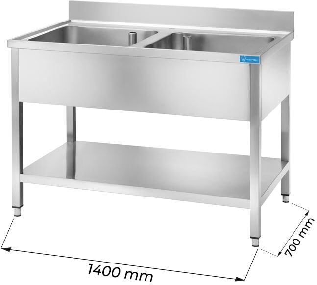 Lavello aperto in acciaio inox con 2 vasche L1400xP700xH850 mm linea basic