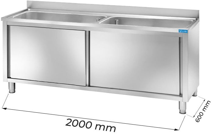 Lavello armadiato in acciaio inox con 2 vasche L2000xP600xH850 mm linea basic