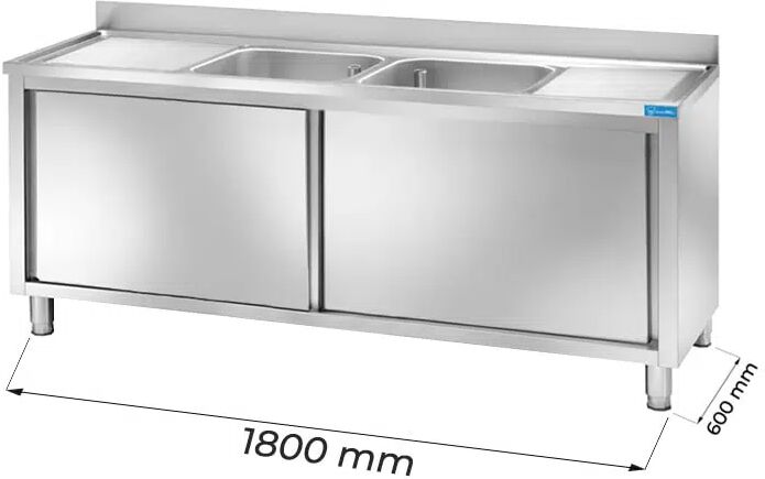 Lavello armadiato in acciaio inox con 2 vasche e gocciolatoi a sinistra e destra L1800xP600xH850 mm linea premium