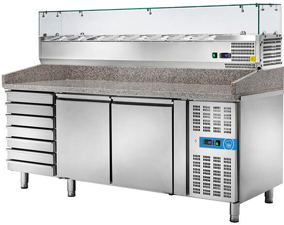 Banco pizzeria refrigerato con n° 2 porte EN 60x40 + 7 cassetti e vetrinetta portagusti per 9 bacinelle GN 1/3