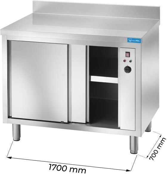 Tavolo armadiato riscaldato in acciaio inox con alzatina L1700xP700xH850 mm linea basic