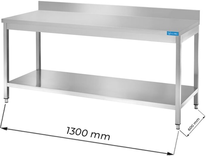 Tavolo aperto in acciaio inox con ripiano con alzatina L1300xP600xH850 mm linea basic