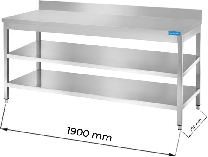 Tavolo aperto in acciaio inox con 2 ripiani con alzatina L1900xP700xH850 mm linea basic