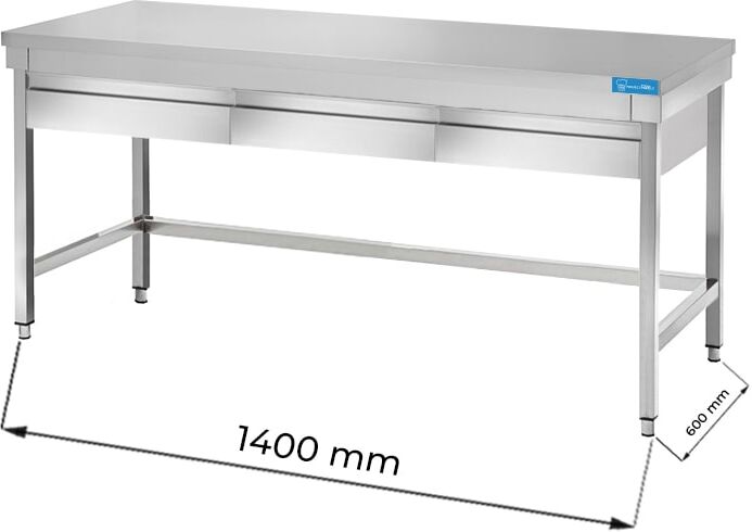 Tavolo aperto in acciaio inox con 3 cassetti orizzontali senza ripiano senza alzatina L1400xP600xH850 mm linea basic