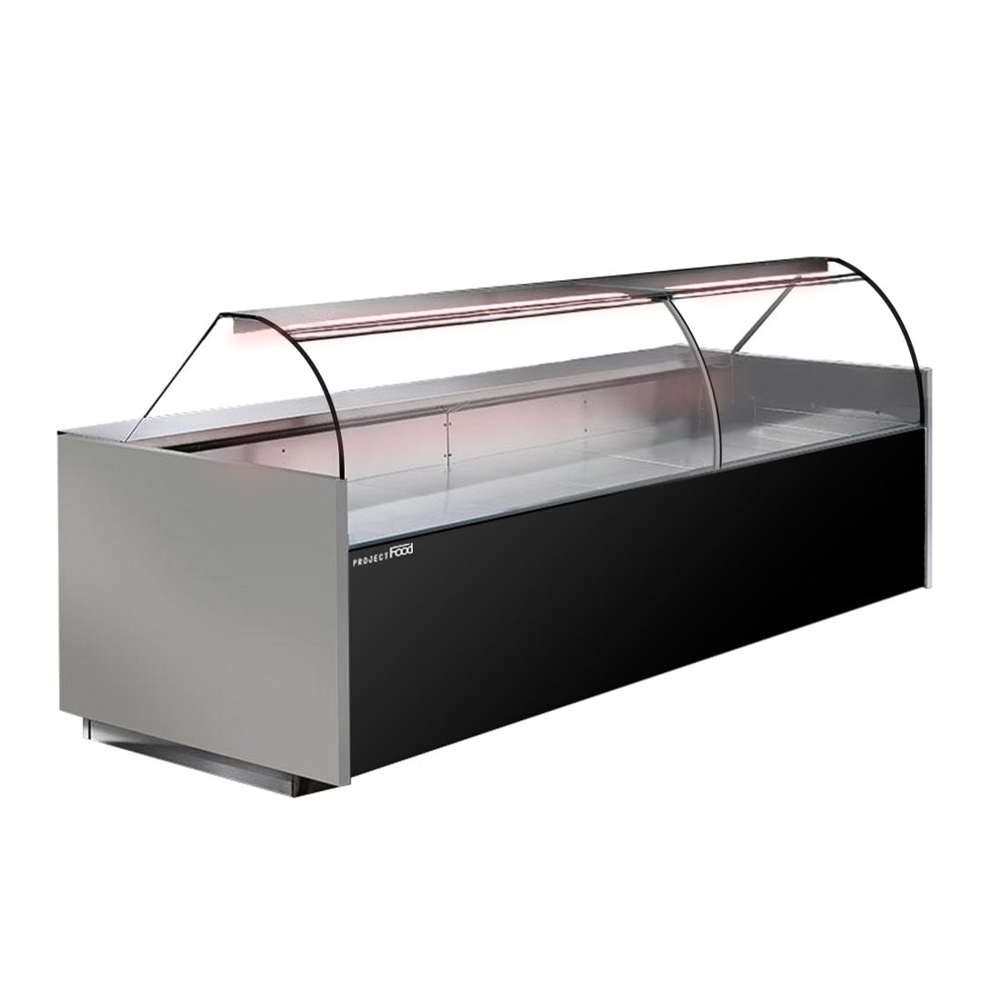Banco frigo per macelleria ventilato temp. da 0°C a +2°C L296 cm con vetro curvo linea PRAGA