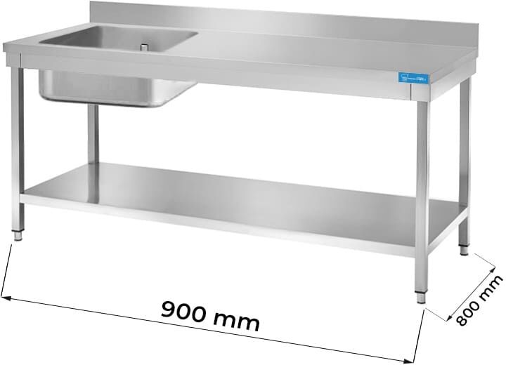 Tavolo aperto in acciaio inox con vasca a sinistra con ripiano con alzatina L900xP800xH850 mm linea basic