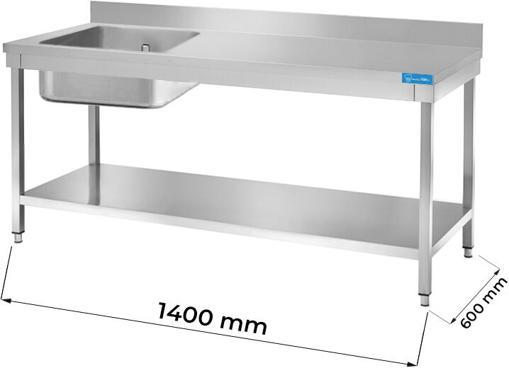 Tavolo aperto in acciaio inox con vasca a sinistra con ripiano con alzatina L1400xP600xH850 mm linea basic