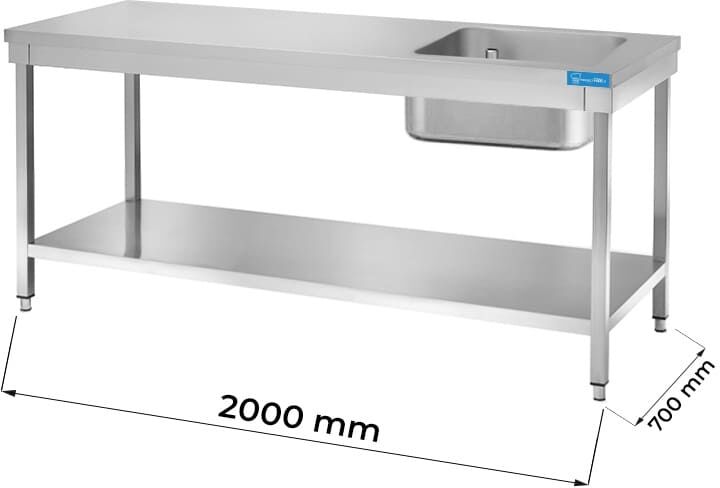 Tavolo aperto in acciaio inox con vasca a destra con ripiano senza alzatina L2000xP700xH850 mm linea basic