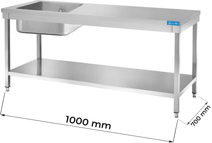 Tavolo aperto in acciaio inox con vasca a sinistra con ripiano senza alzatina L1000xP700xH850 mm linea basic