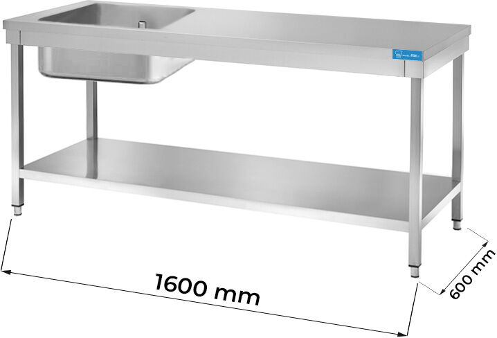 Tavolo aperto in acciaio inox con vasca a sinistra con ripiano senza alzatina L1600xP600xH850 mm linea basic