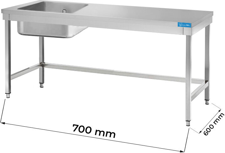 Tavolo aperto in acciaio inox con vasca a sinistra senza ripiano senza alzatina L700xP600xH850 mm linea premium