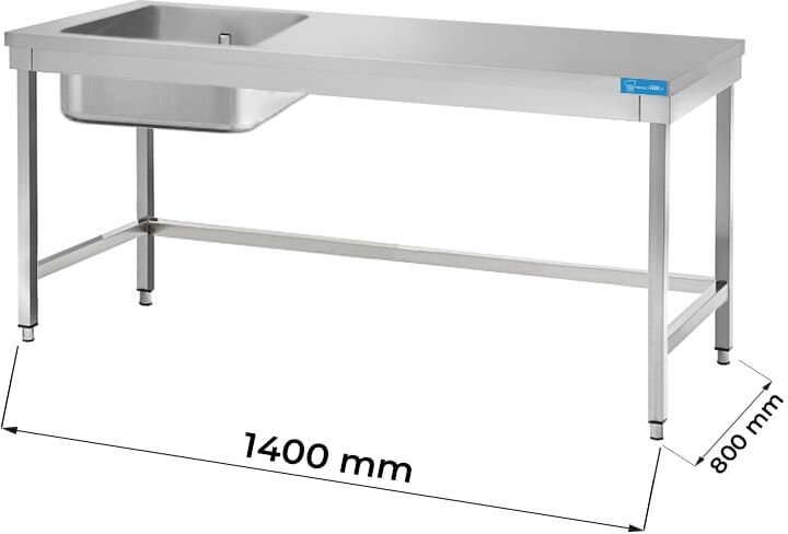 Tavolo aperto in acciaio inox con vasca a sinistra senza ripiano senza alzatina L1400xP800xH850 mm linea premium