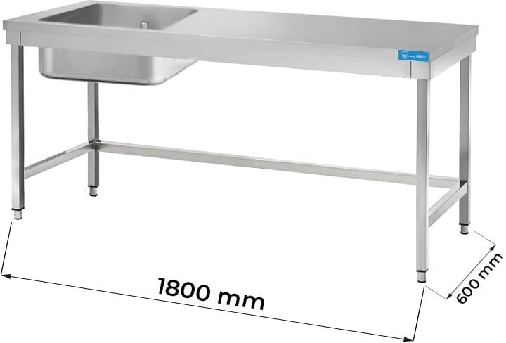 Tavolo aperto in acciaio inox con vasca a sinistra senza ripiano senza alzatina L1800xP600xH850 mm linea premium