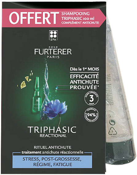 René Furterer Triphasic Reactional Traitement Antichute Réactionnelle 12 ampoules + Triphasic Shampooing Antichute Stimulant 100ml Offert