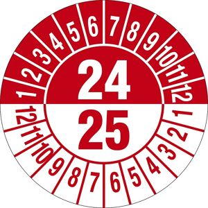 kaiserkraft Prüfplakette, Mehrjahreszahlen, Dokumentenfolie, Ø 30 mm, VE 10 Stk, 24/25, rot