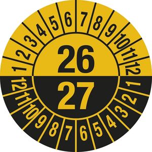 kaiserkraft Prüfplakette, Mehrjahreszahlen, Dokumentenfolie, Ø 25 mm, VE 10 Stk, 26/27, gelb