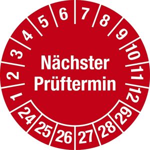 kaiserkraft Nächster Prüftermin, Mehrjahreszahlen, Dokumentenfolie, Ø 20 mm, 24 - 29, rot