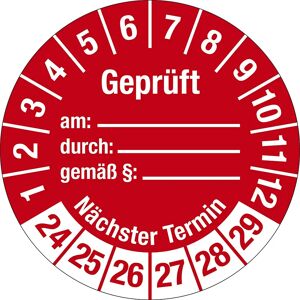 kaiserkraft Geprüft/Nächster Termin, Dokumentenfolie, Ø 30 mm, VE 10 Stk, 24 - 29, rot