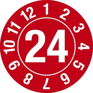 kaiserkraft Prüfplakette, Jahreszahl, Dokumentenfolie, Ø 25 mm, im Kreis, VE 10 Stk, 24, rot