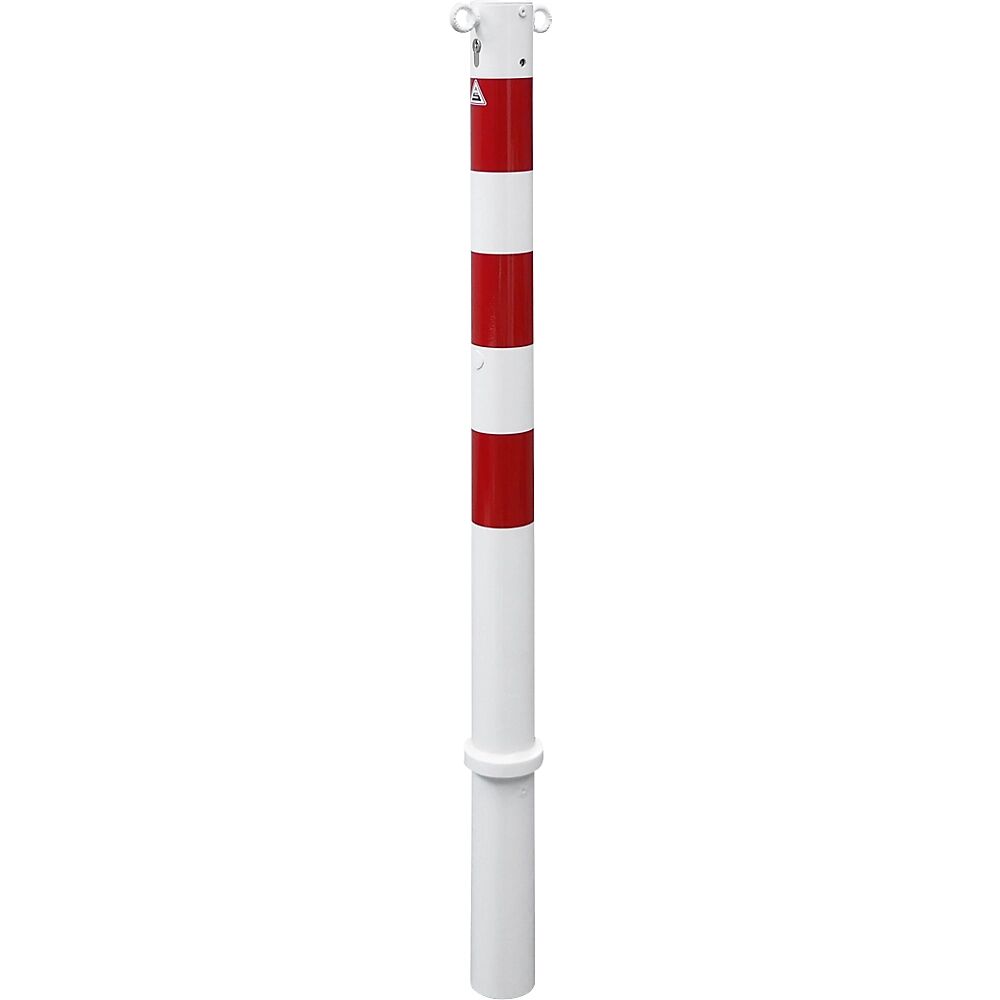 Absperrpfosten, Ø 76 mm, weiß / rot herausnehmbar mit Profilzylinder mit 2 Ösen