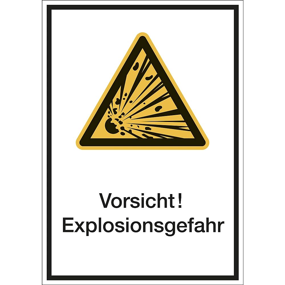 Kombischilder mit Text für Warnkennzeichen Vorsicht! Explosionsgefahr, VE 10 Stk Folie, LxH 210 x 297 mm