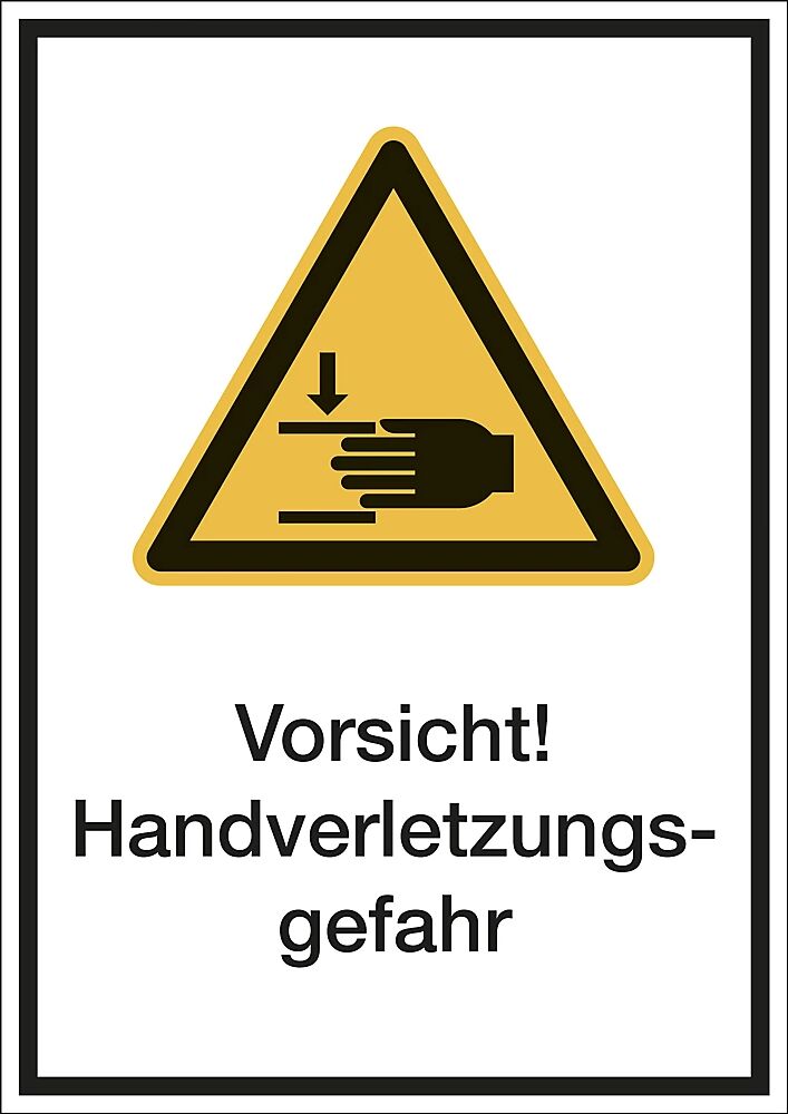 Kombischilder mit Text für Warnkennzeichen Vorsicht! Handverletzungsgefahr, VE 10 Stk Folie, LxH 210 x 297 mm