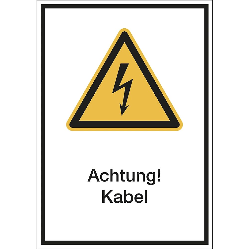 Kombischilder mit Text für Warnkennzeichen Achtung! Kabel!, VE 10 Stk Folie, LxH 210 x 297 mm