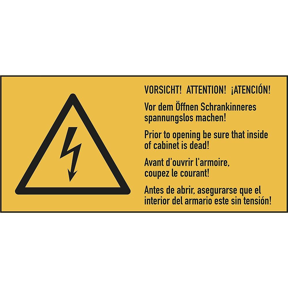 Mehrsprachige Kombischilder mit Text für Elektroeinsatzbereiche Vorsicht! Vor dem Öffnen Schrankinneres spannungslos machen!, VE 10 Stk Folie, LxH 100