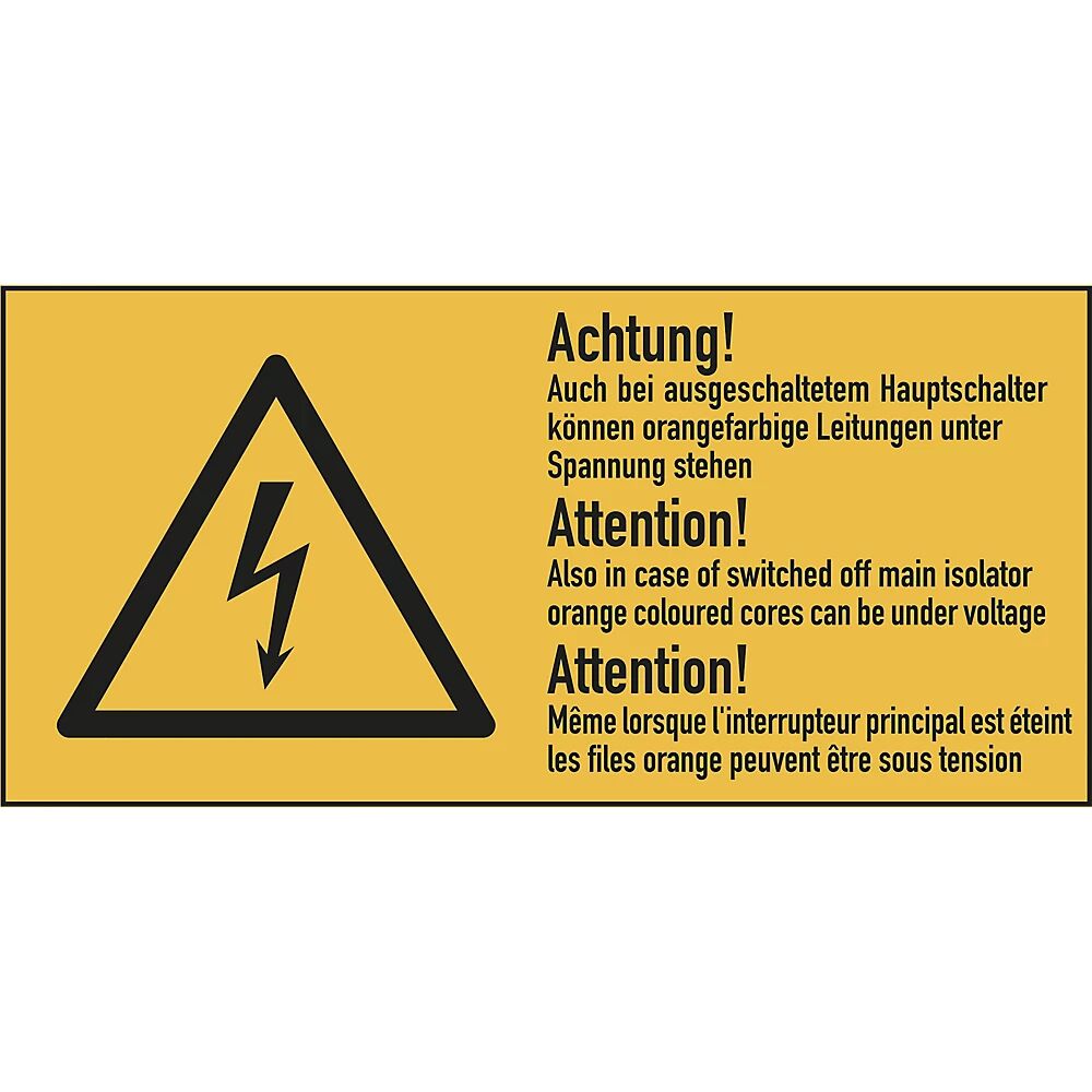 Mehrsprachige Kombischilder mit Text für Elektroeinsatzbereiche Achtung! Auch bei ausgeschaltetem Hauptschalter können orangefarbige Leitungen unter