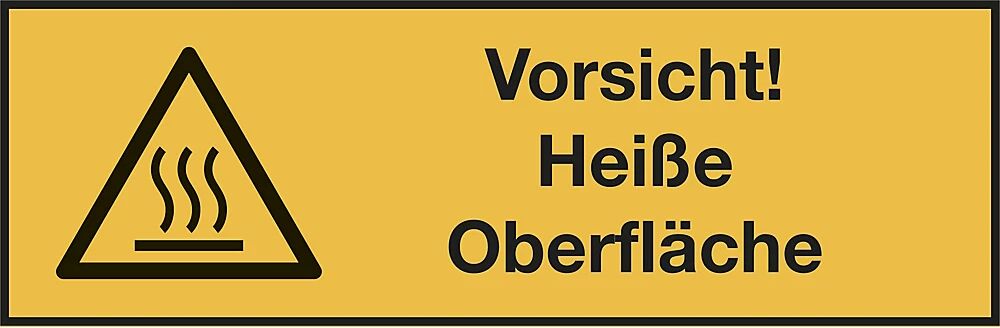 Kombischilder mit Text für Warnkennzeichen Vorsicht! Heiße Oberfläche, rechteckig, VE 10 Stk Folie, LxH 210 x 74 mm