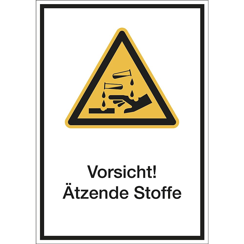 Kombischilder mit Text für Warnkennzeichen Vorsicht! Ätzende Stoffe, VE 10 Stk Kunststoff, LxH 210 x 297 mm