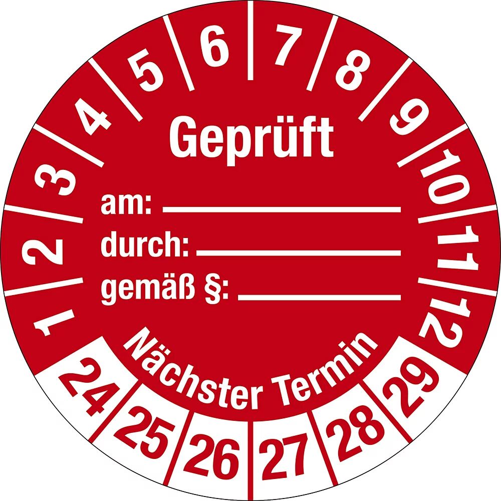 Geprüft/Nächster Termin Dokumentenfolie, Ø 30 mm, VE 10 Stk 24 - 29, rot