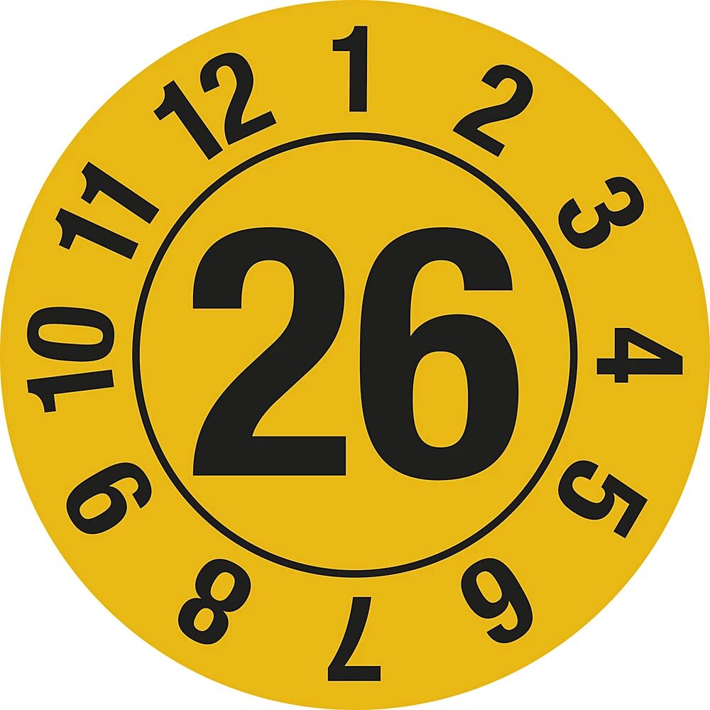 Prüfplakette, Jahreszahl Dokumentenfolie, Ø 25 mm, im Kreis, VE 10 Stk 26, gelb