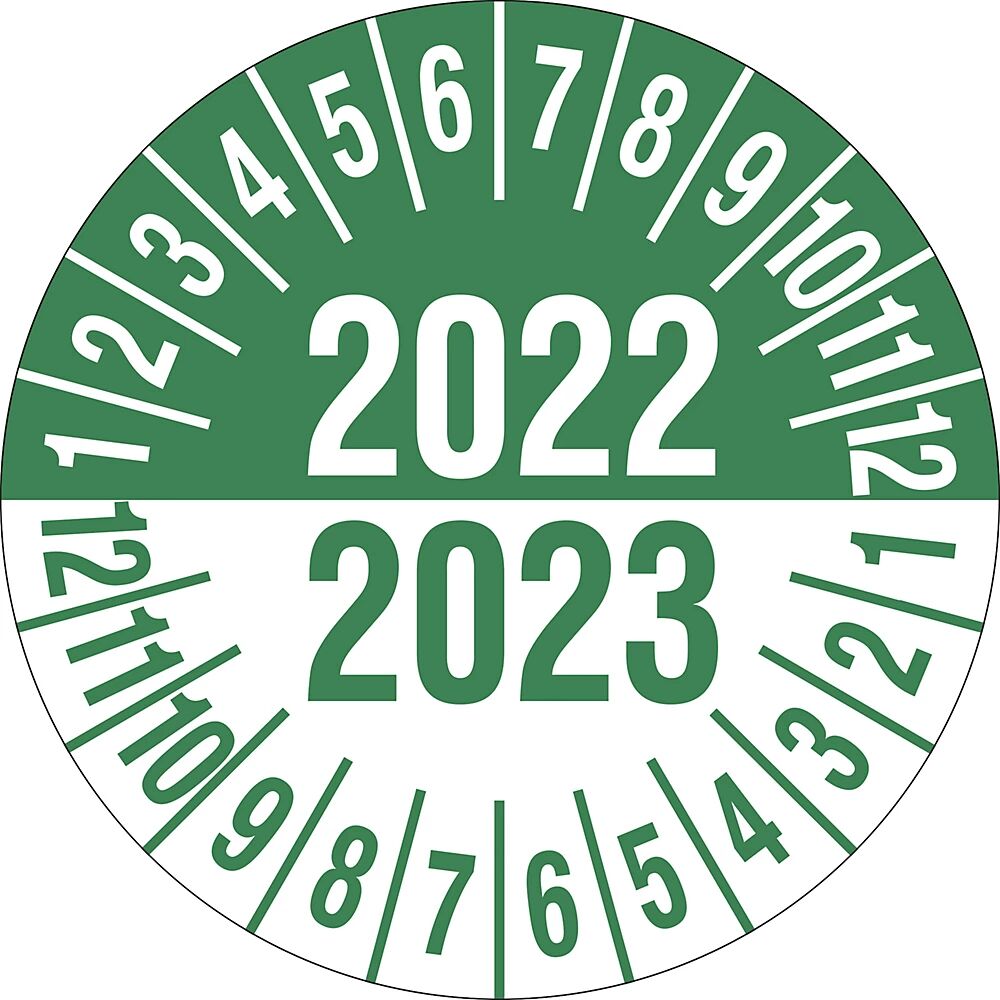 Prüfplakette, Mehrjahreszahlen, grün Dokumentenfolie, Ø 35 mm, VE 10 Stk 2022/2023