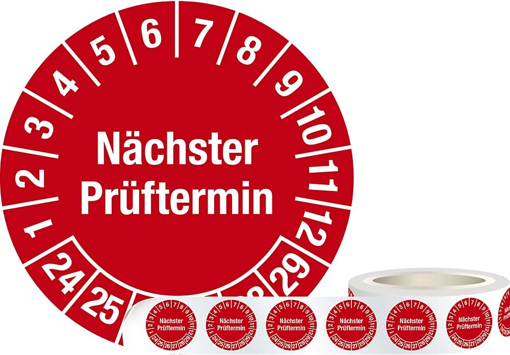 Prüfplakette (Nächster Prüftermin) Folie, Ø 30 mm, 1 Rolle mit 1000 Stück 24 - 29, rot